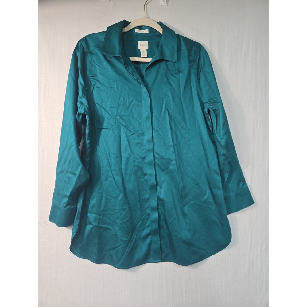 Chico's No‎ Iron Button Up LS Blouse Green Women's 1 (M) Tunic Length Cotton